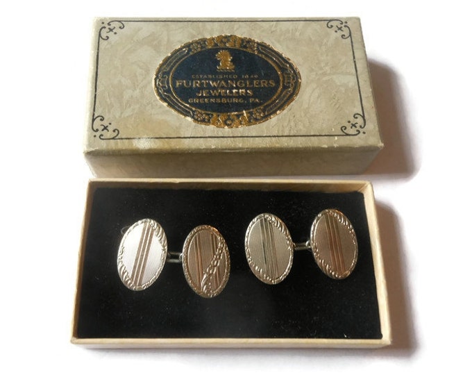 1920's Krementz cuff links signed silver plated double-panel oval Art Deco