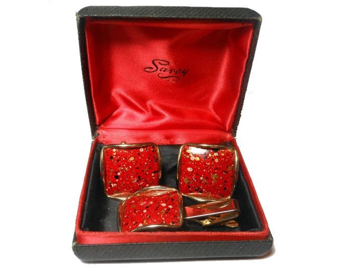 FREE SHIPPING Savoy red cuff links and tie tack set, 1950s, abstract, modernist speckled and spattered enamel