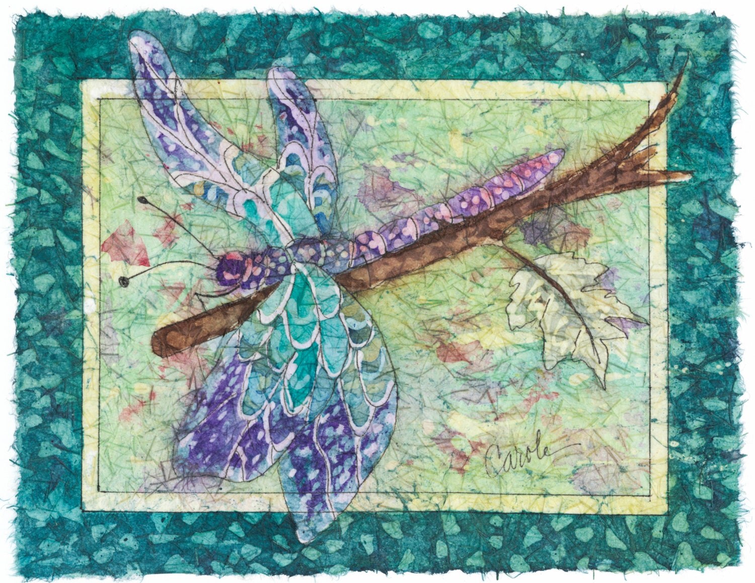 Watercolor Batik on rice paper of A Dragonfly by CarolesStudio