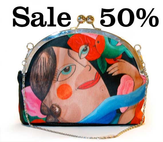 Clip clutch, Fly, with print design, file, flowers, red, pink, multicolour, green bird
