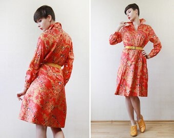Red yellow floral print pure silk long sleeve knee length dress