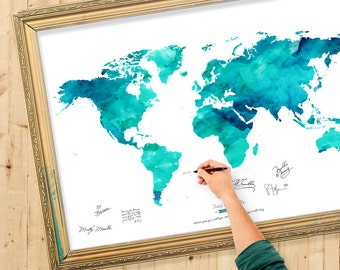 Wedding Guest Book Watercolor World Map - Custom Color - Add Quote, Date - Wedding Decor - Personalized Guest Book Map - Ocean Tides Color