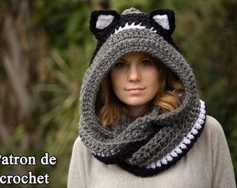 Patron de crochet en FRANCAIS, écharpe chat, écharpe à capuche avec des oreilles de chat, écharpe animale, Crochet Pattern in French