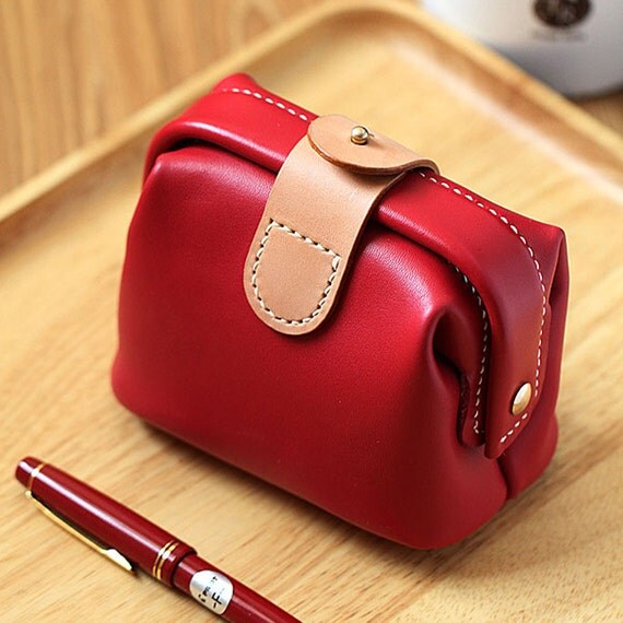 100% Hand-stitched claret-red Cow Leather Makeup bag