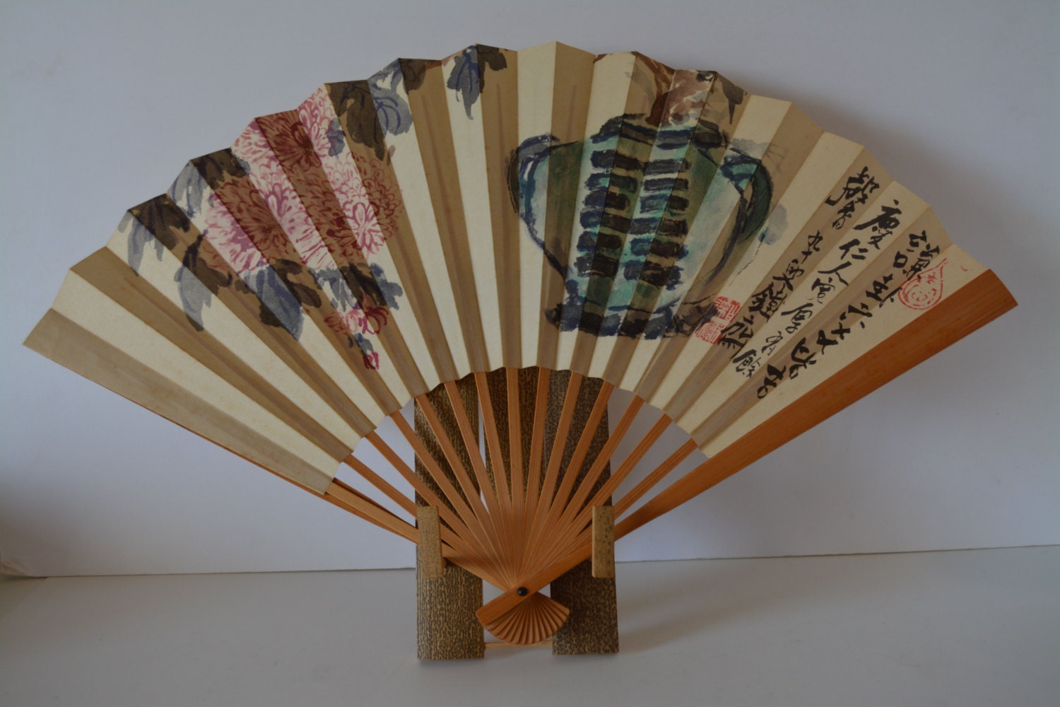 Decorative fan with display stand bamboo and paper vintage