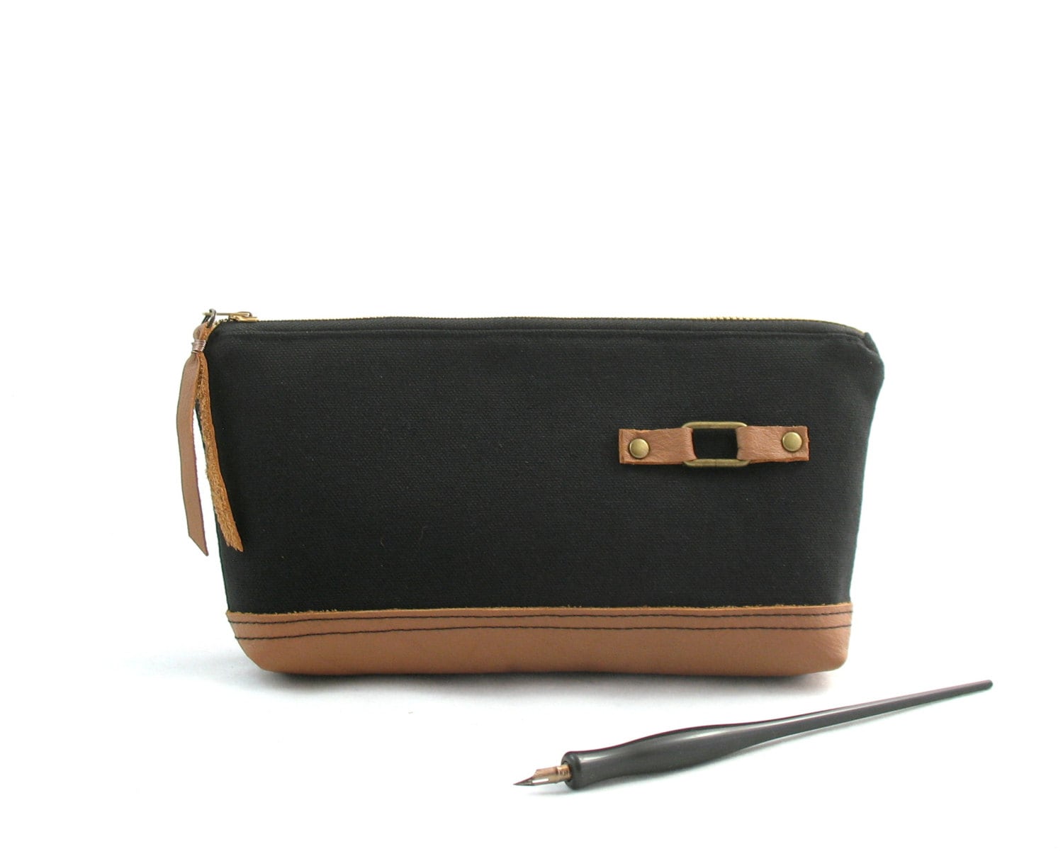 Black canvas zipper pouch canvas leather pouch black by Hobbitbags