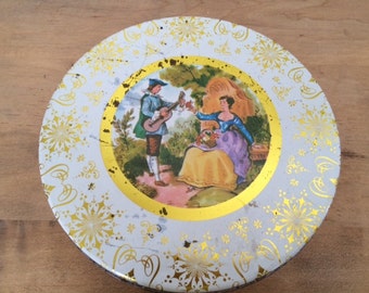 SALE!!!-Vintage Metal Cookie Tin, Distressed Medieval Man Courting His Lady