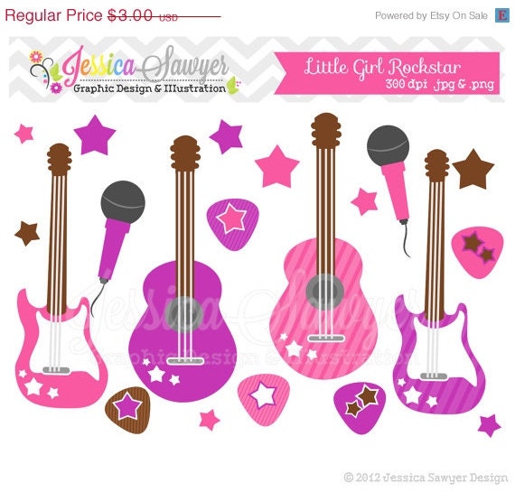 50% OFF- INSTANT DOWNLOAD, Little girl rockstar clip art - guitar clipart - baby shower graphics - digital scrapbook - invitation - stars Il_570xn