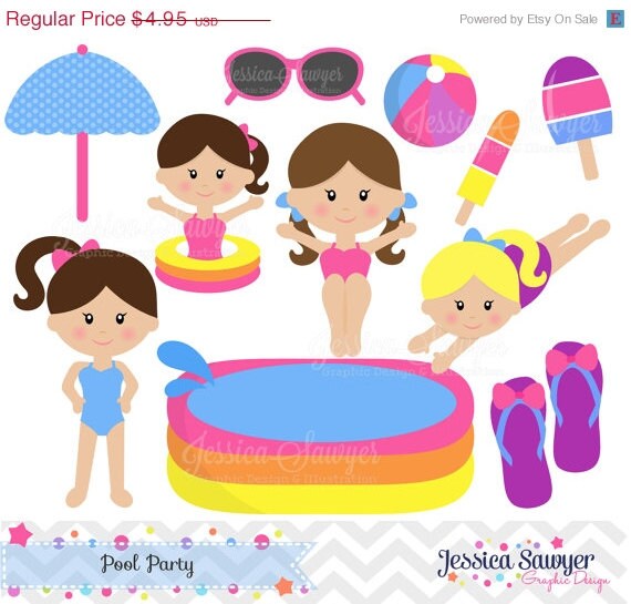 80% OFF - INSTANT DOWNLOAD, pool party clip art - kids birthday clipart - graphic - image - digital element - scrapbooking - commercial use Il_570xn