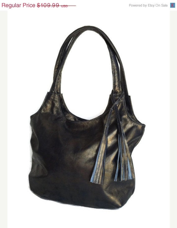 SALE Metallic tote leather purse blue gold fringe unique shoulder bag ...