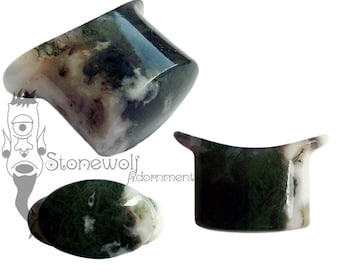 Green Moss Agate Stone Oval Labret Plug for Stretched Lip Piercings Handmade in UK
