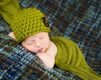 Newborn Baby Hat Newborn Baby Girl Hat Newborn Baby Boy Hat Wood Button Baby Beanie Lemongrass Green Baby Hat Newborn Photo Prop Clothing