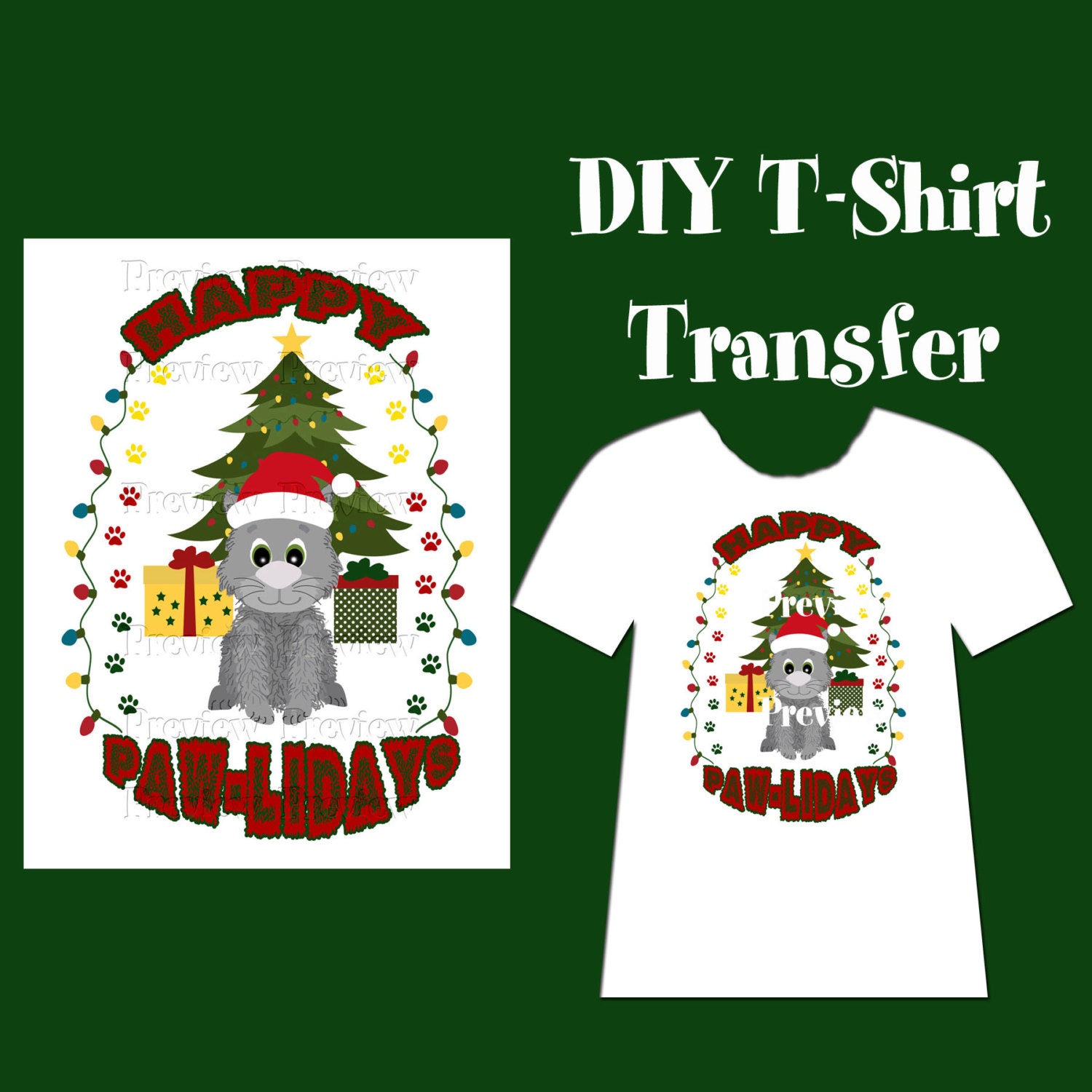 Printable Christmas Cat Iron On TShirt Transfer DIY