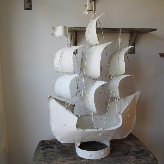 Nautical metal ship sculpture 46" hand painted white rusted Nordic