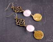 Romantic earrings, golden moon and pink dangle, pink quartz stone beads earrings