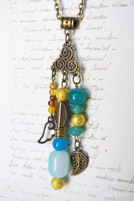 Boho Necklace blue mint golden pendant necklace by chezviolette