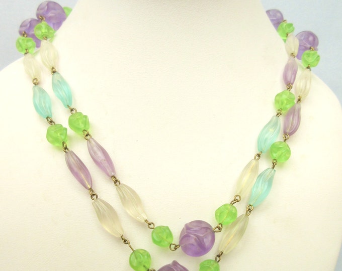 Trifari Lucite Bead Necklace purple pink blue and frosty white clear beads necklace