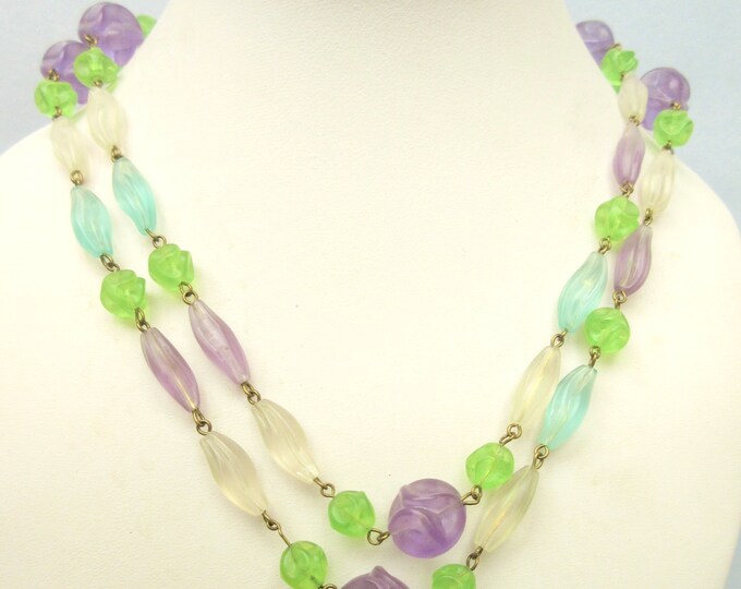 Trifari Lucite Bead Necklace purple pink blue and frosty white clear beads necklace