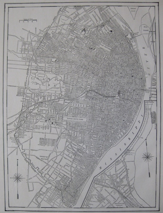Antique ST LOUIS MAP 1917 Vintage City Map of St Louis Black