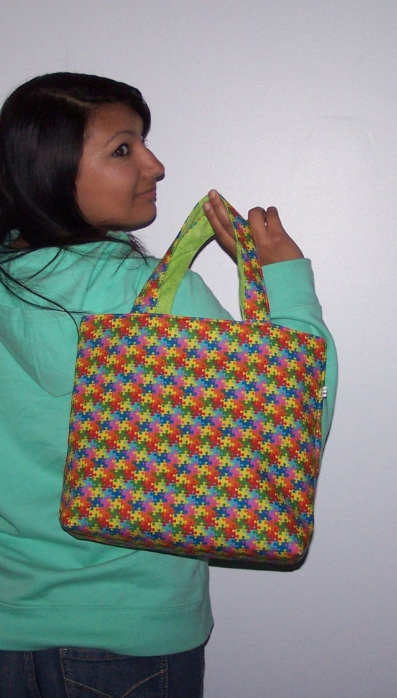 Reversible hand bag, small tote, church bag, reversible tote bag Puzzle fabric handmade fabric ...