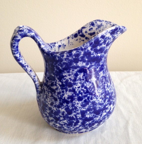Blue & White Spongeware Pottery Creamer Pitcher by Rustologie