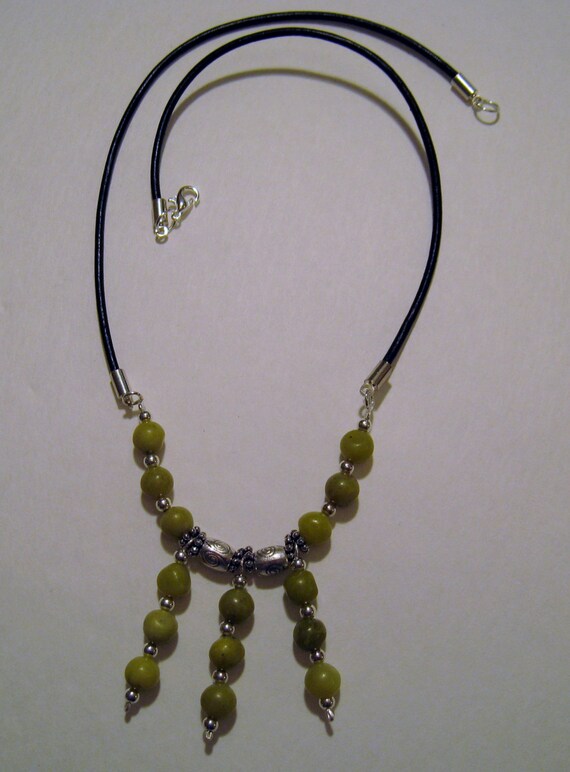 Natural Green Jade Necklace Leather Cord by KuteThings on Etsy