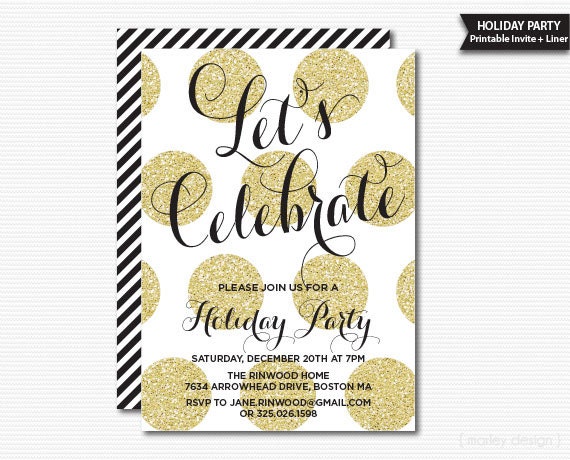 Gold Glitter Dots Holiday Party Invitation Printable Digital Invite Christmas Invitation Christmas Party Black and Gold Il_570xn