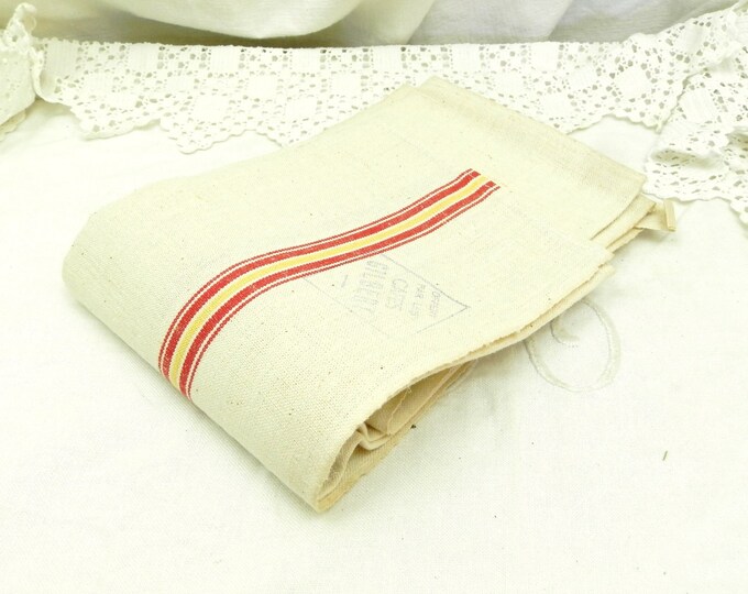 Large Unused Vintage French Linen Tea Towel with Woven Red and Yellow Stripes / French Country Kitchen Decor / French Decor / Retro Interior