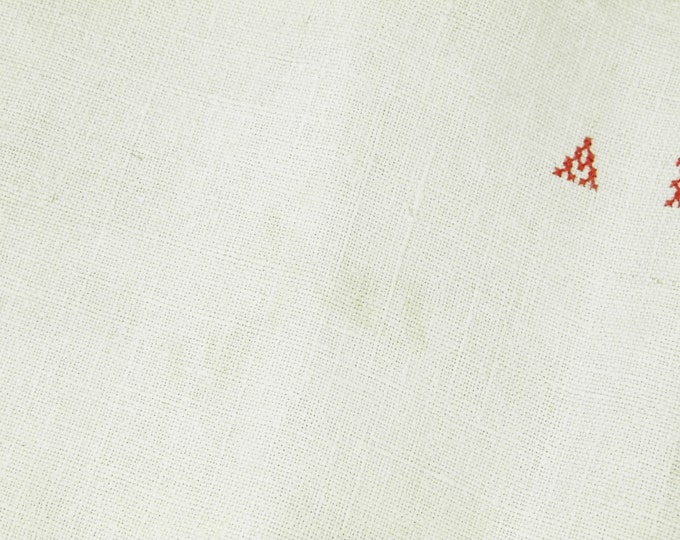 Large Antique French Linen Tea Towel with Woven Red Stripes and a 2 Small Red Cross Stitch Monogram A L / French Country Kitchen Decor