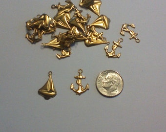 10 Brass Charms boat and anchor, nautical