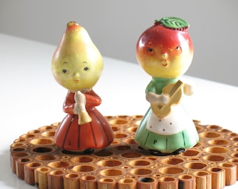 Vintage Napco fruit musicians Salt and Pepper Shakers / anthropomorphic fruit / farm girl / kitsch 1950s kitchen decor