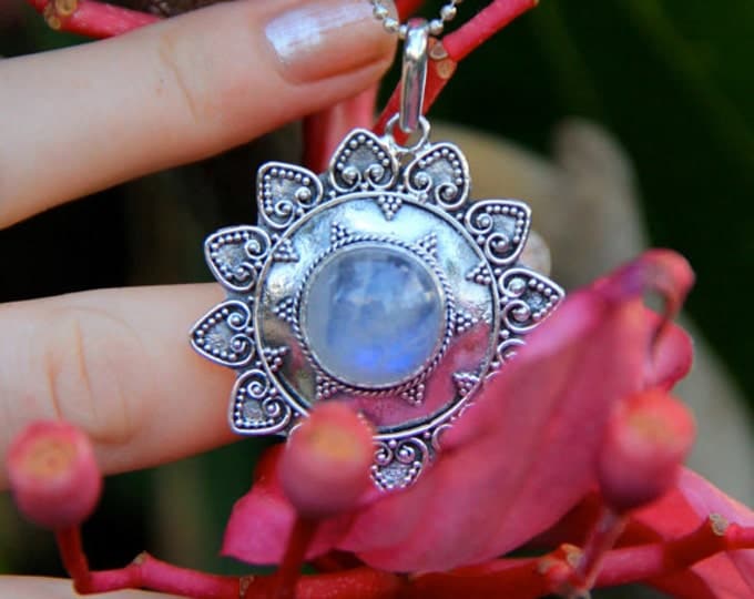 Large Rainbow Moonstone Personalized Necklace, Moonstone Sterling Silver Sun Statement Granulated Free Engraving Gemstone Statement Necklace