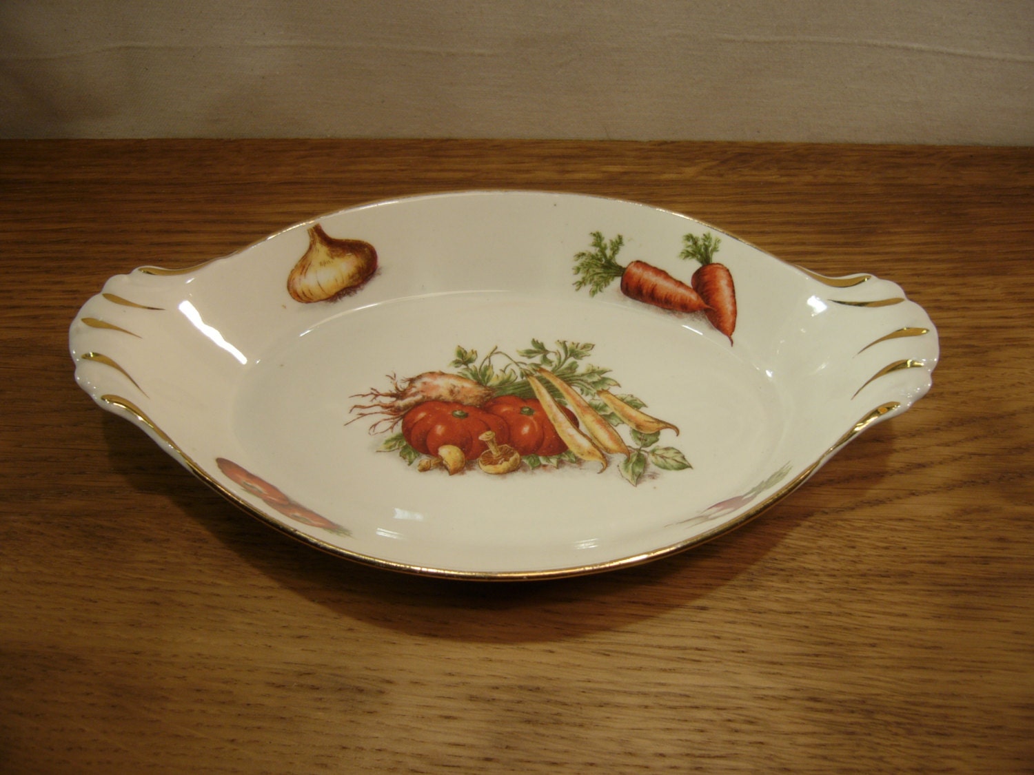 Vintage Pillivuyt porcelain gratin dish with vegetables