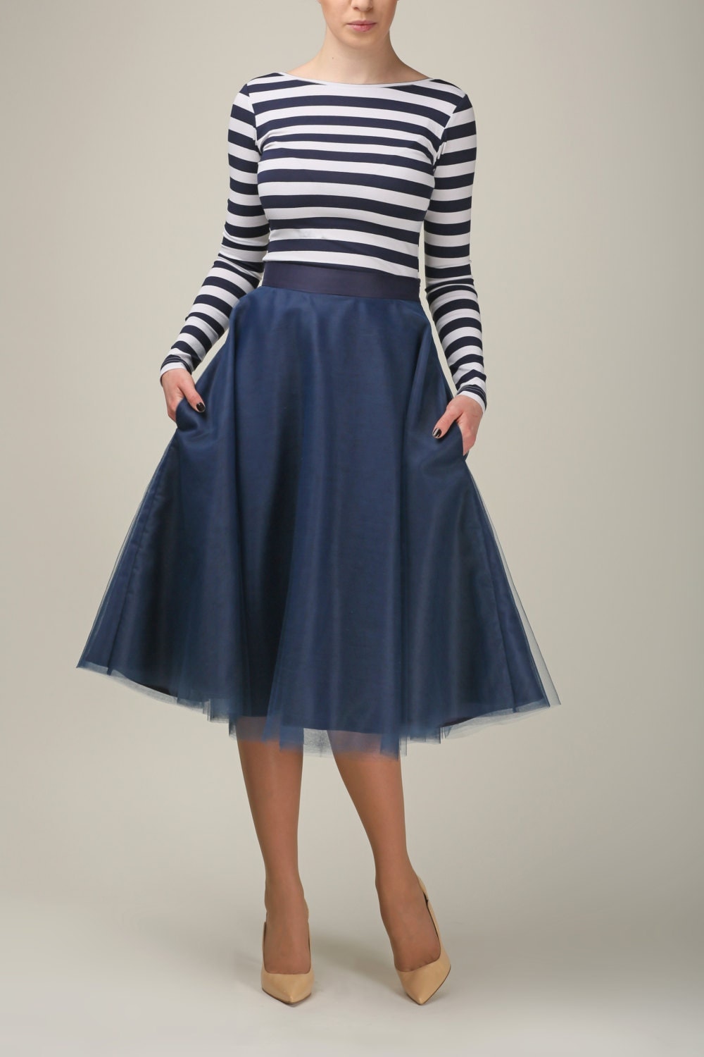 Tea-length tulle skirt with pockets tulle skirtdark blue