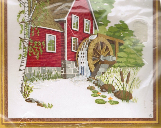 DIY Crewel Embroidery, Vintage Sunset Stitchery, Red Mill Embroidery Kit Old Fashioned Water Wheel