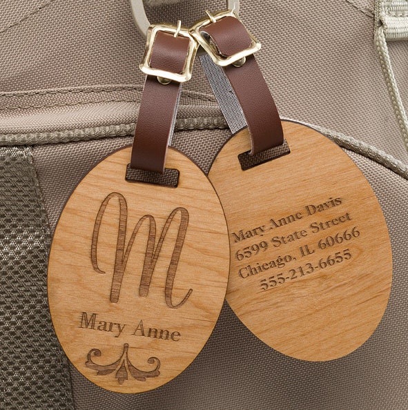 Wooden Custom Laser Engraved Luggage Tags. Pair of Tags with