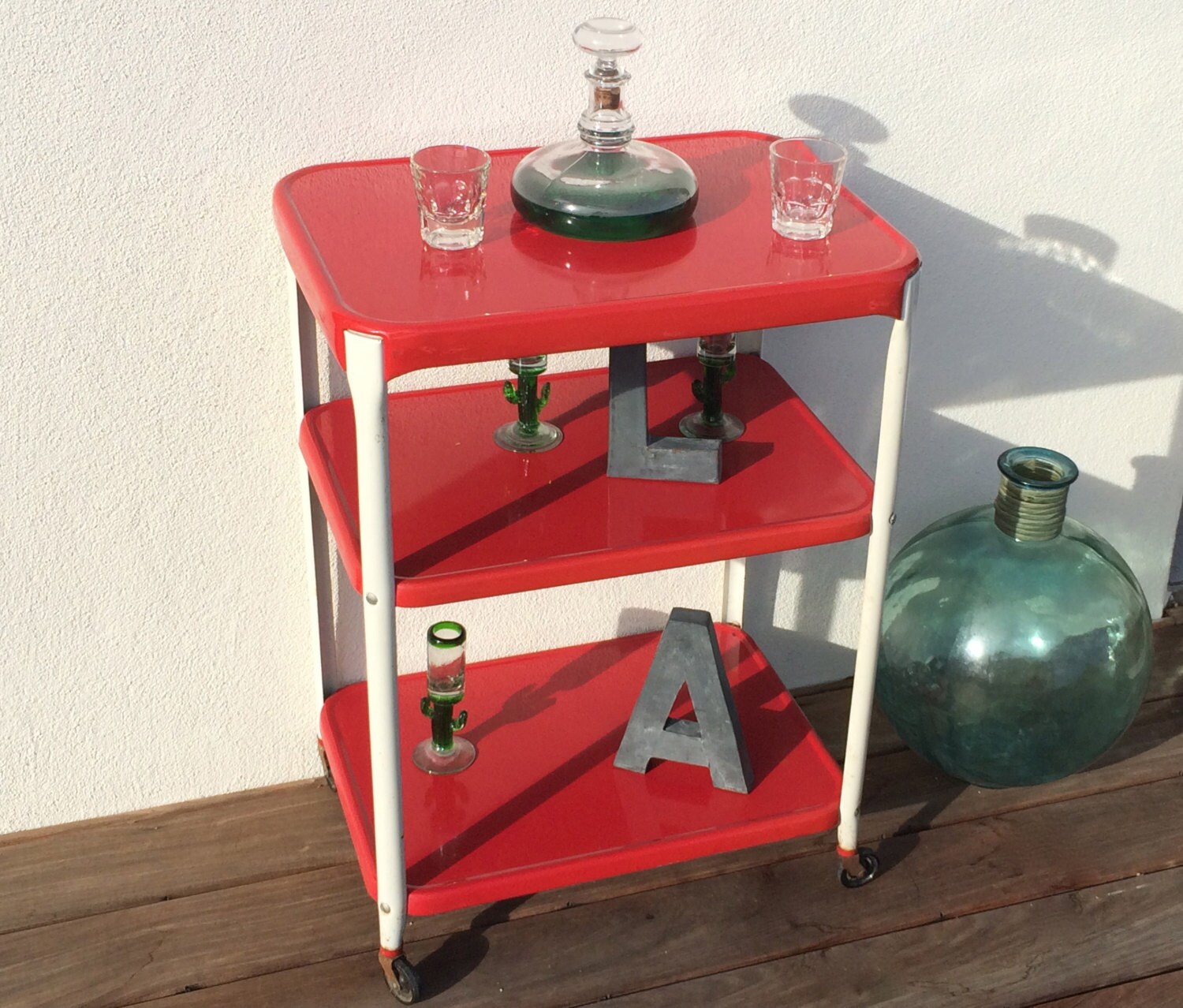 Vintage Bar Cart Red White Metal Utility Cart by TizaVintage