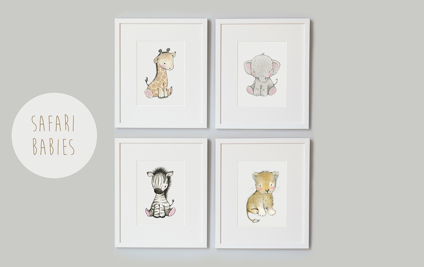 SET of 4 Prints UNFRAMED Safari Baby Prints Africa Animals