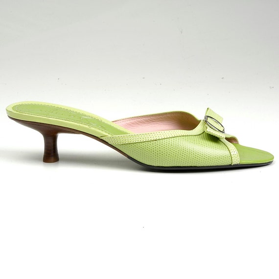 ... Vintage 90s Cole Haan Bright Green Kitten Heel Slip On Mules Sandals