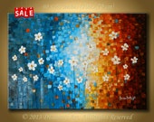 Large ORIGINAL Contemporary Abstract Heavy Textured Oil Blue Red Fine Art Palette Knife Impasto White Flowers Painting by Denisa Laura