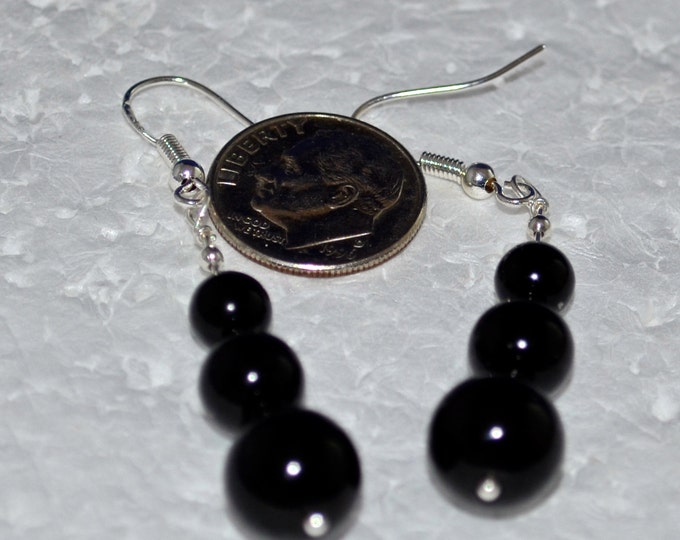 Black Agate French Hooks, Natural, Metal Sterling Silver E706