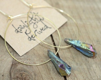 Crystal hoops, Minimalist hoop earrings, gold hoop earrings, titanium quartz. boho earrings, festival jewelry, gift for her.