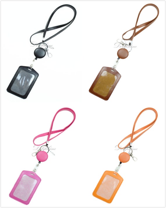 3 in 1 Necklace PU Leather Lanyard with Retractable Reel and Vertical ID Badge Holder with 1 ID Window and 1 Card Slot