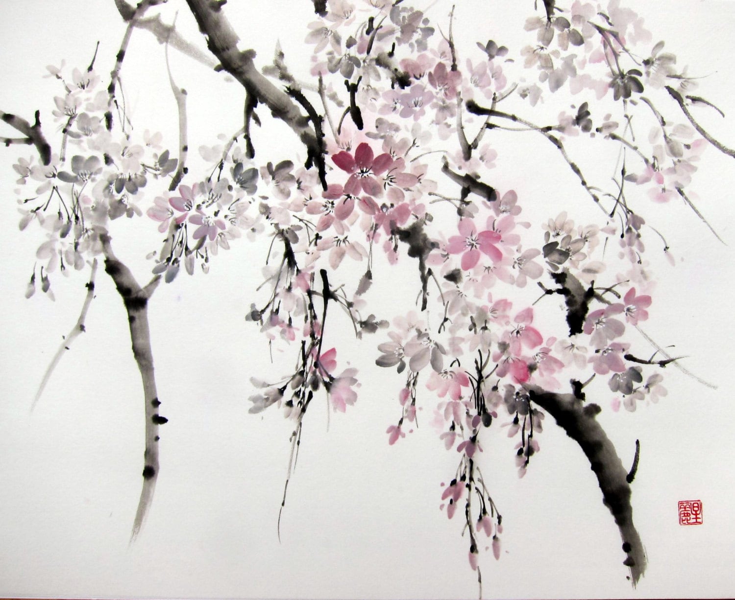 Ink Painting on Rice Paper Japanese art Azian art Suibokuga