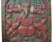 Hindu God Wood Panel Five Faced Ganesh Panels RED PATINA-Indain Carved Wall Panel