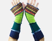 Upcycled Arm Warmers Greens in Cotton and Wool Gift for Her Ecofriendly Recycled
