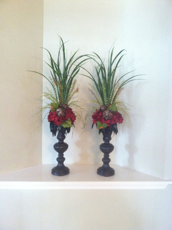 Set of Two Tall Red Hydrangea Faux Floral Arrangements Silk