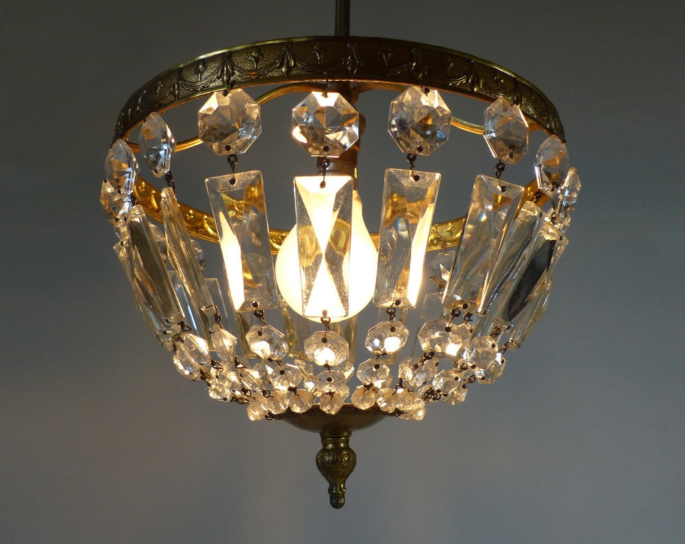French Antique Crystal Prisms and Brass Chandelier L2