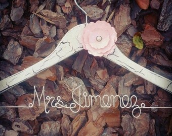 RUSTIC Personalized Custom Wire Wedding Hanger with "Crackled" Paint and Flower