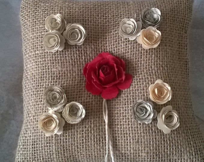 Book Page Roses, Red Wedding, Hessian Ring Bearer Pillow , Book Page Flower Ring Cushion, Made to order